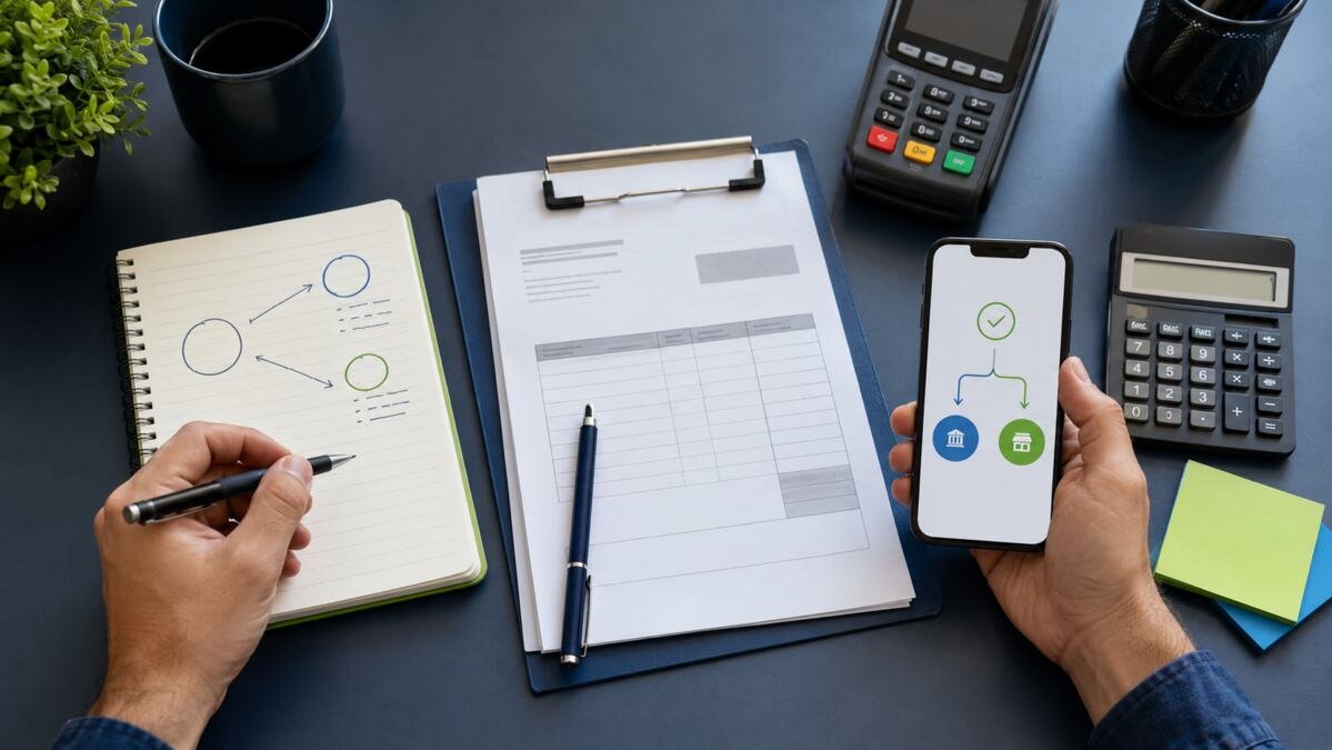 Mesa de gestão financeira com documento fiscal, calculadora e fluxo de pagamento digital